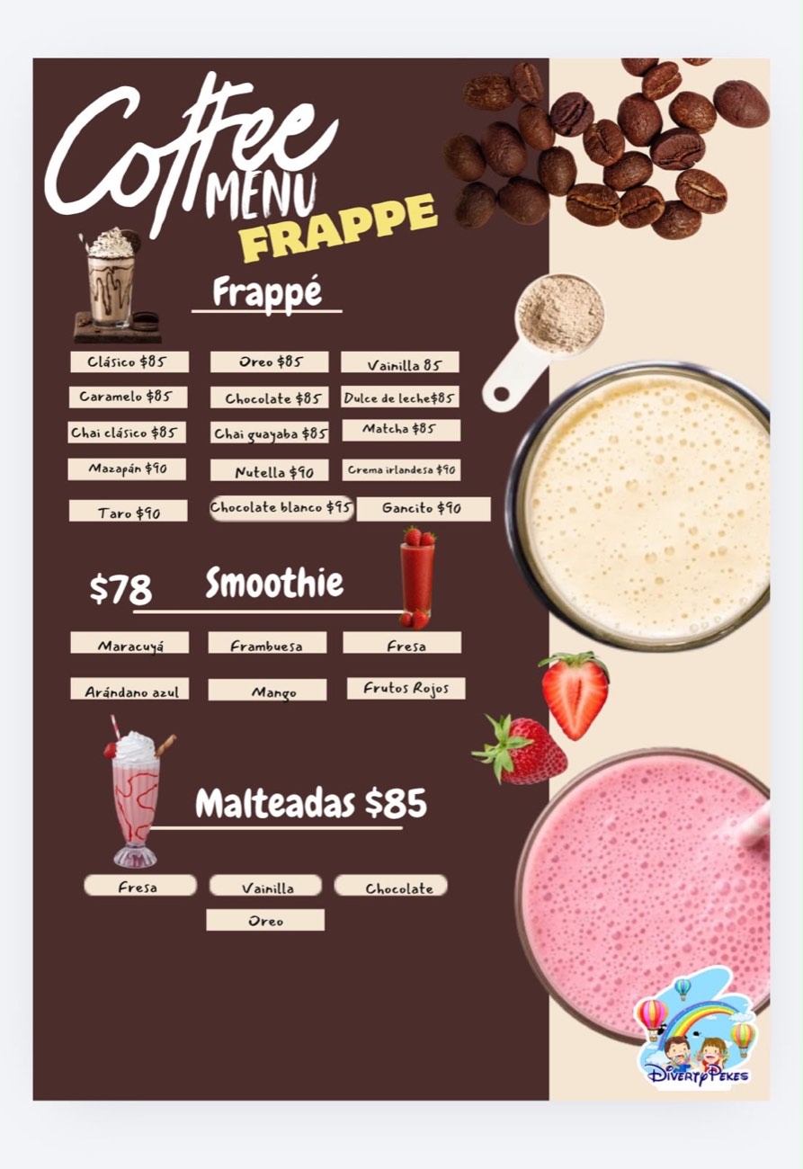 Menú de frappés, smoothies y malteadas
