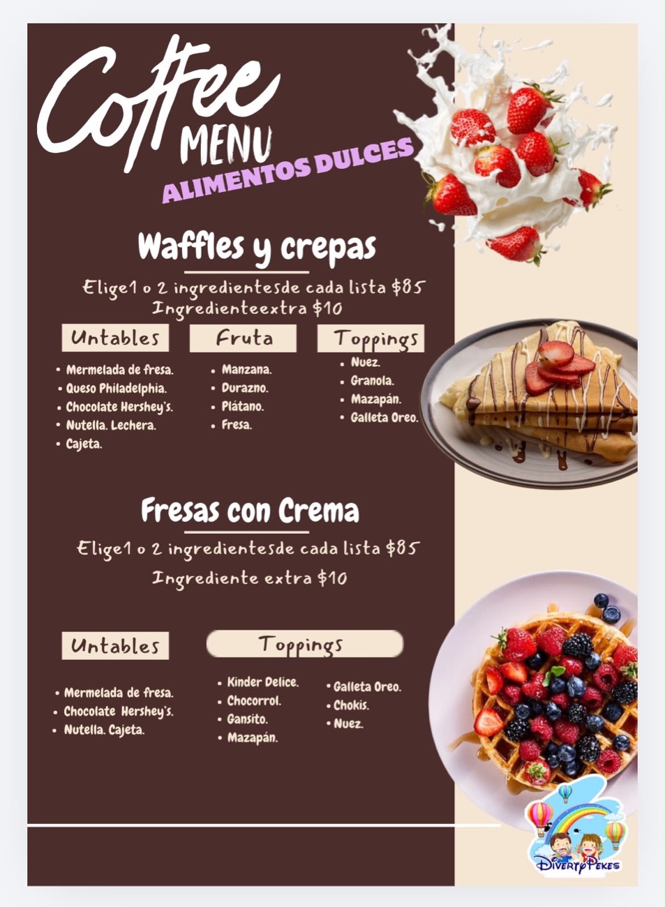 Menú de waffles, crepas y fresas con crema